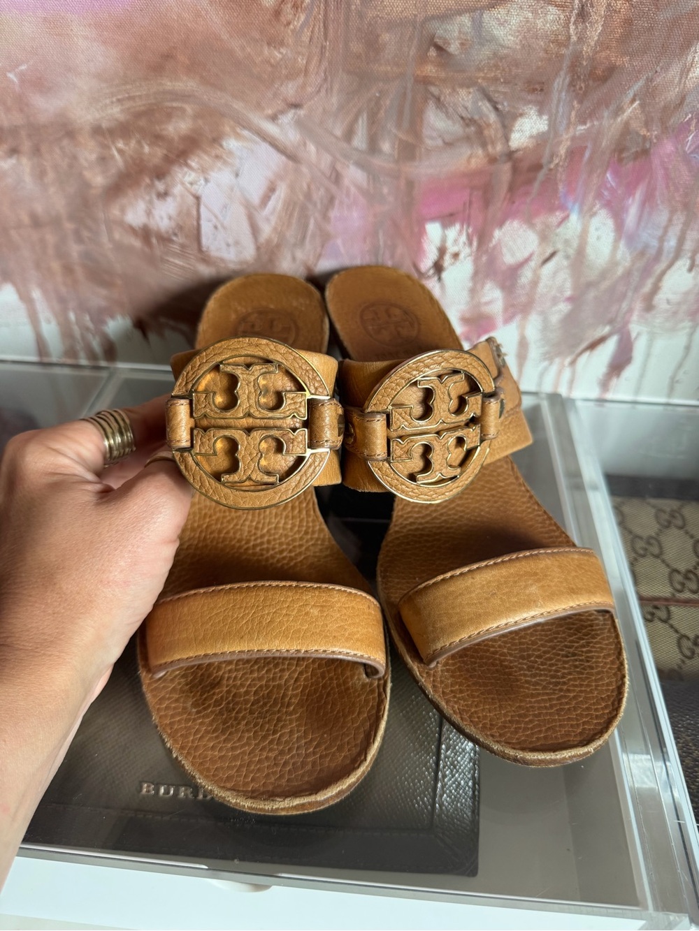 Tory Burch Cognac Leather Logo Slide Sandals